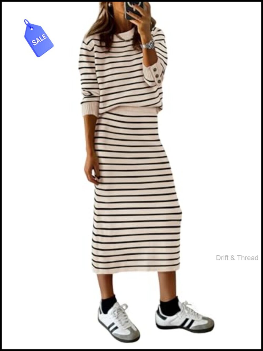 Women's 2 Piece Striped Sweater Skirt Set Knitted Midi Matching Set